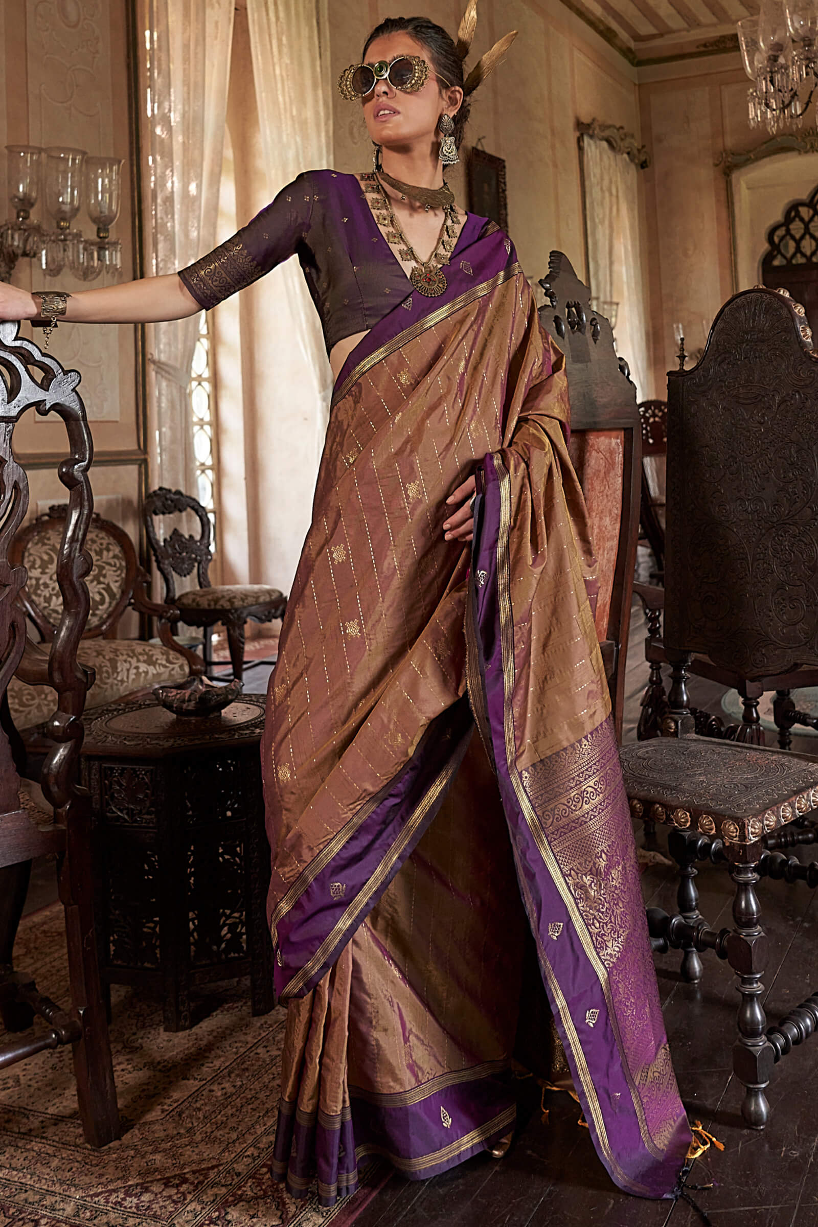 Vibrant Brown Banarasi Tussar Silk Saree With Ethnic Blouse Piece