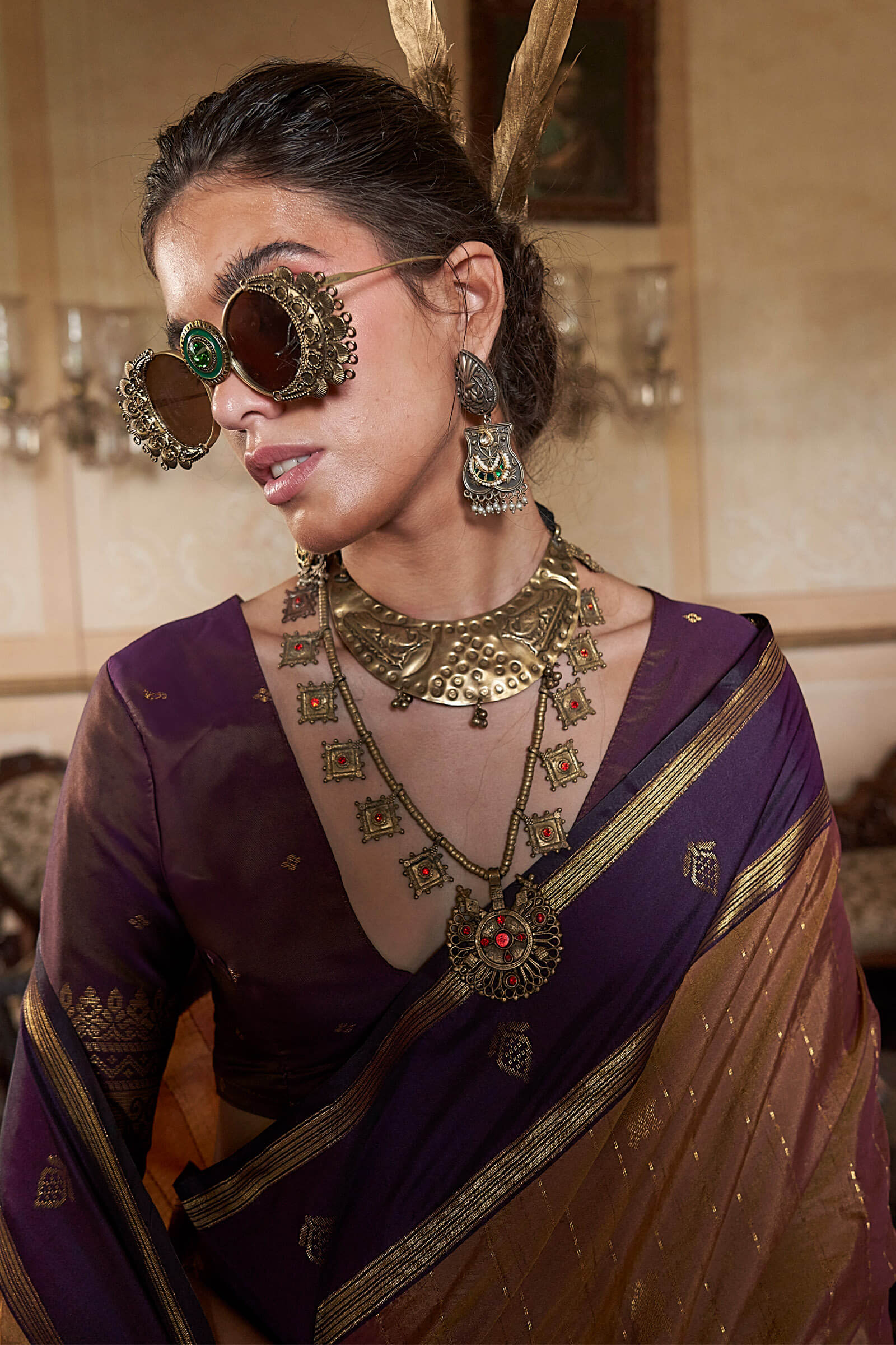 Vibrant Brown Banarasi Tussar Silk Saree With Ethnic Blouse Piece