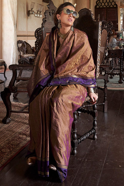 Vibrant Brown Banarasi Tussar Silk Saree With Ethnic Blouse Piece