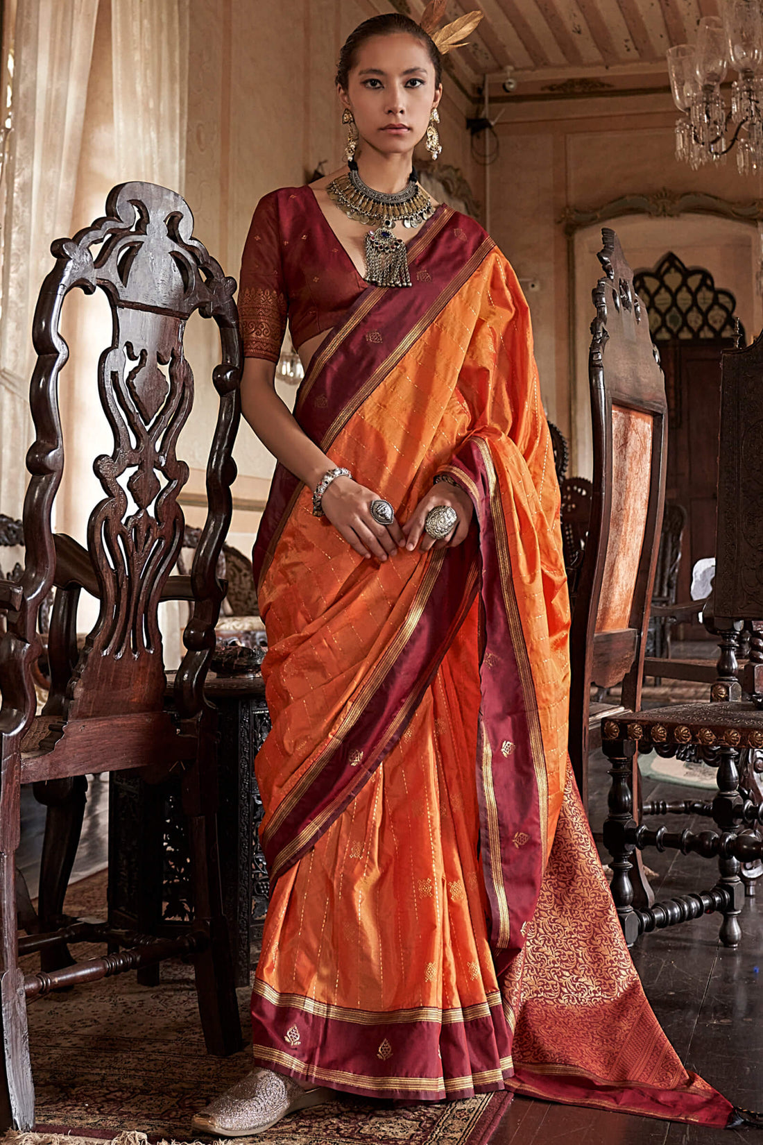 Exceptional Orange Banarasi Tussar Silk Saree With Imaginative Blouse Piece