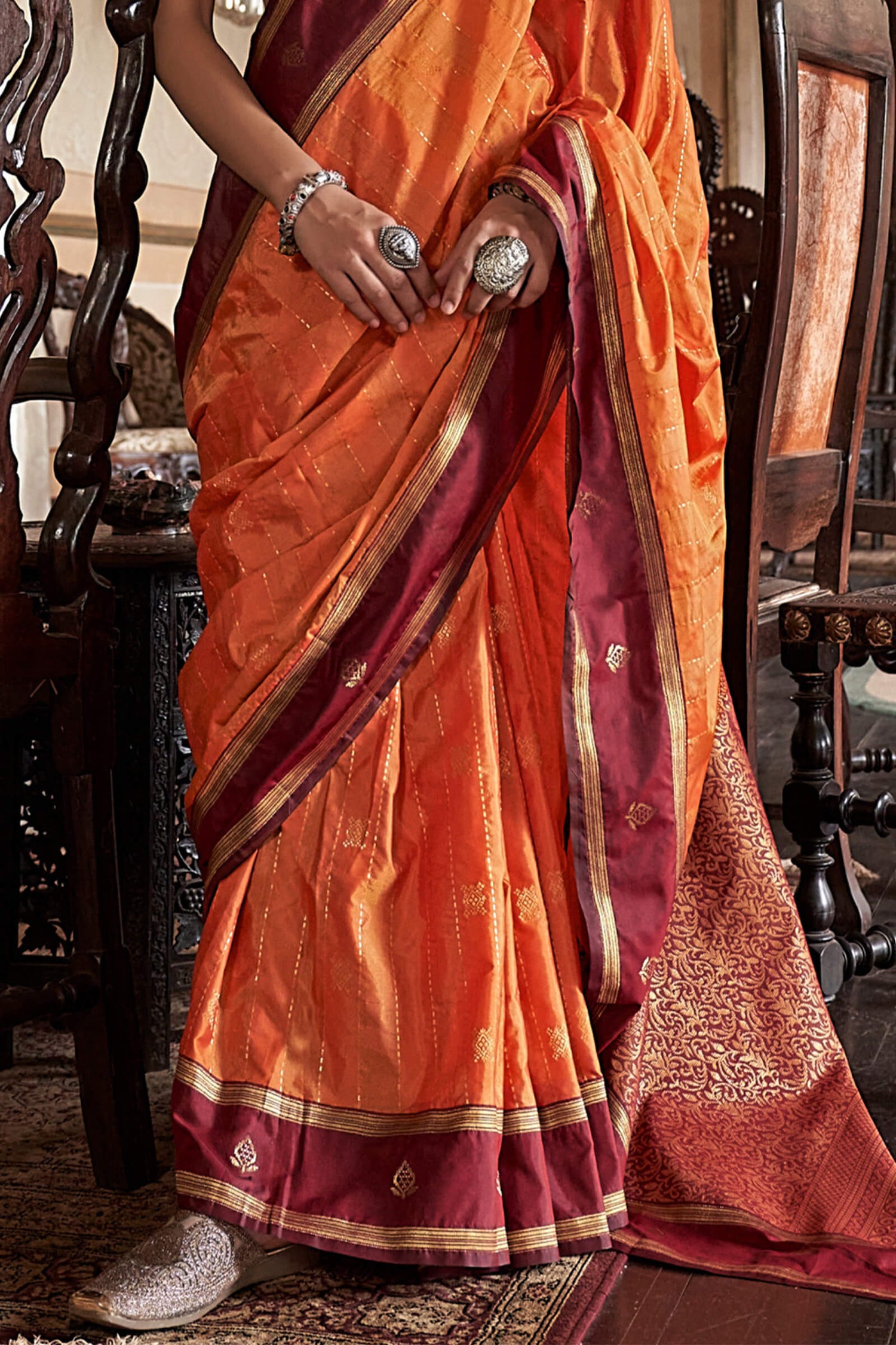 Exceptional Orange Banarasi Tussar Silk Saree With Imaginative Blouse Piece