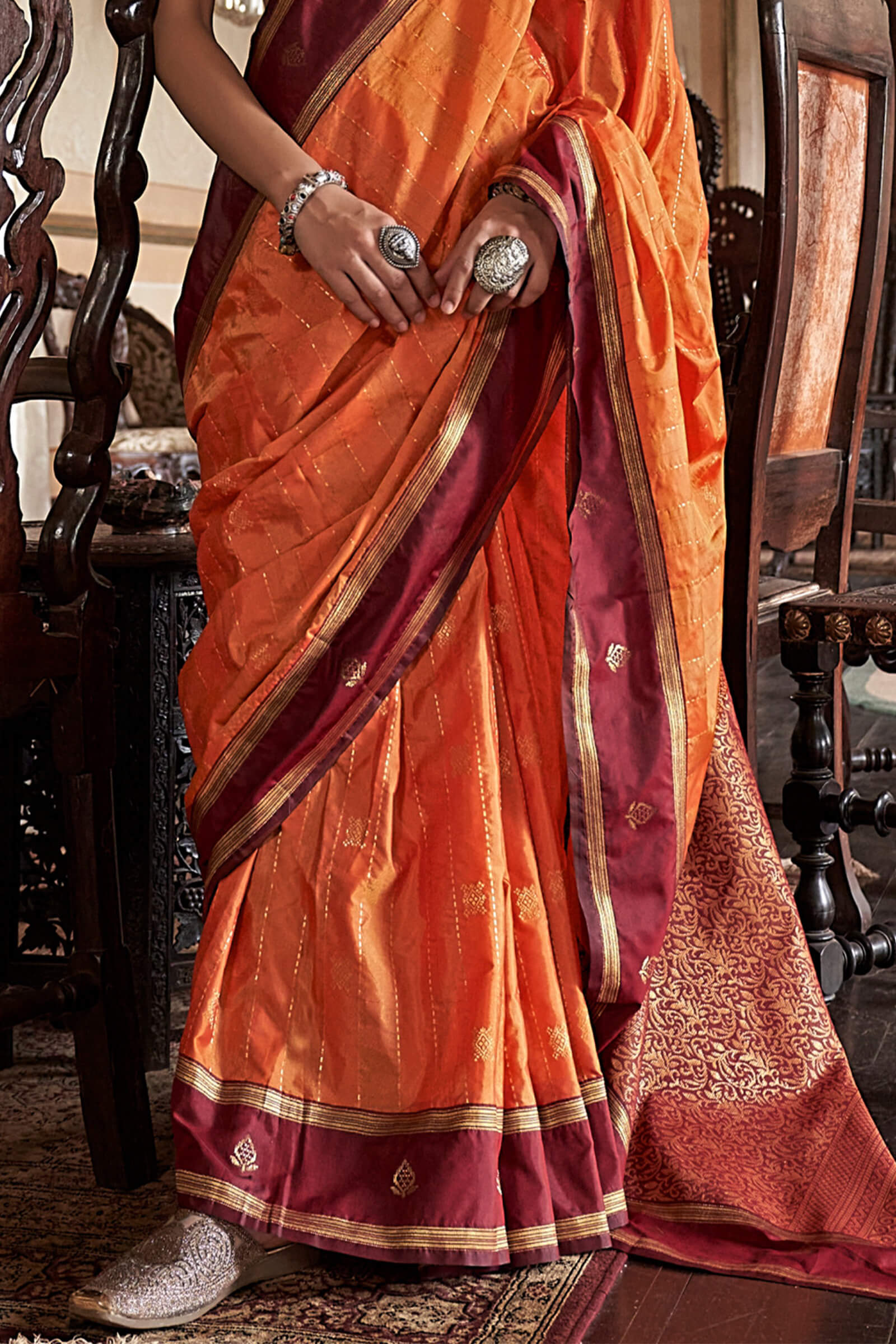 Exceptional Orange Banarasi Tussar Silk Saree With Imaginative Blouse Piece