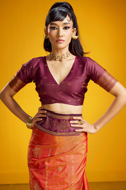 Surpassing Orange Pure Zari Weaving Banarasi Silk Saree With Artistic Blouse Piece