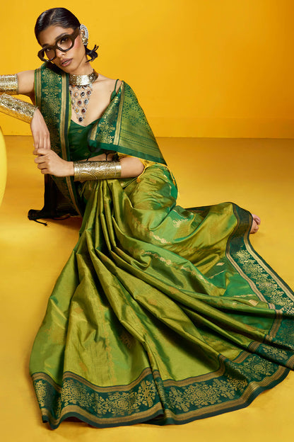 Sumptuous Mehndi Pure Zari Weaving Banarasi Silk Saree With Snappy Blouse Piece