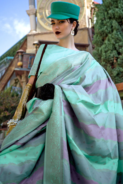 Prettiest Turquoise Soft Banarasi Silk Saree With Blooming Blouse Piece