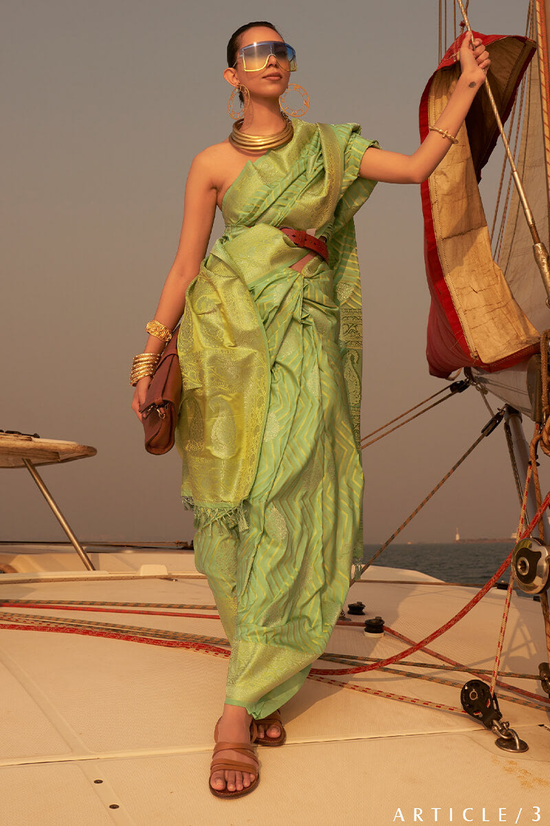 Desuetude Green Soft Banarasi Silk Saree With Ephemeral Blouse Piece