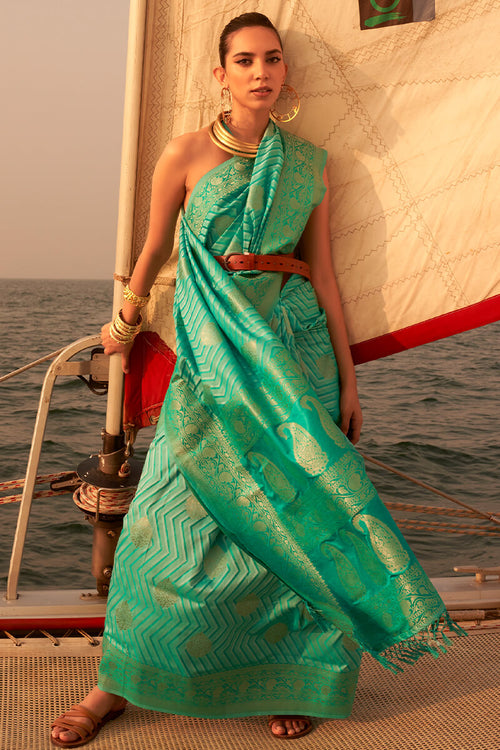 Load image into Gallery viewer, Devastating Sea Green Soft Banarasi Silk Saree With Sumptuous Blouse Piece
