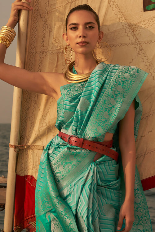 Load image into Gallery viewer, Devastating Sea Green Soft Banarasi Silk Saree With Sumptuous Blouse Piece
