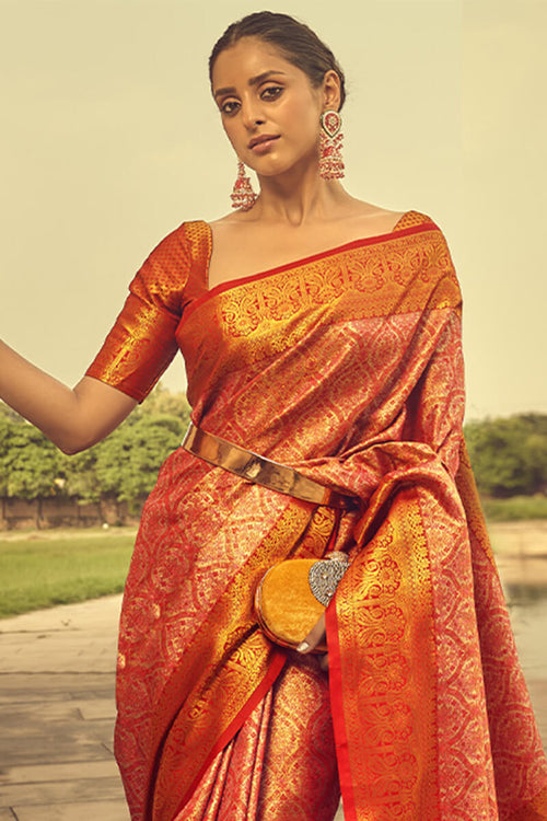 Load image into Gallery viewer, Blissful Red Soft Banarasi Silk Saree With Pleasant Blouse
