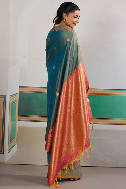 Flattering Rama Pure Zari Weaving Banarasi Silk Saree With Grandiose Blouse Piece