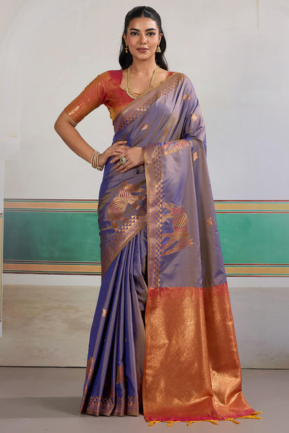 Adorning Blue Pure Zari Weaving Banarasi Silk Saree With Jubilant Blouse Piece