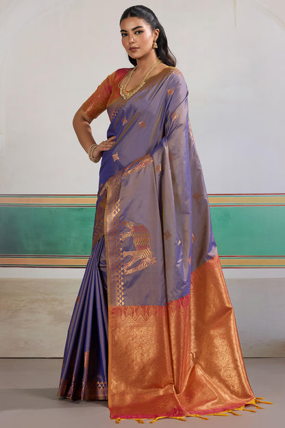 Adorning Blue Pure Zari Weaving Banarasi Silk Saree With Jubilant Blouse Piece