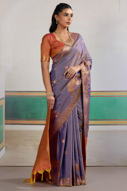 Adorning Blue Pure Zari Weaving Banarasi Silk Saree With Jubilant Blouse Piece