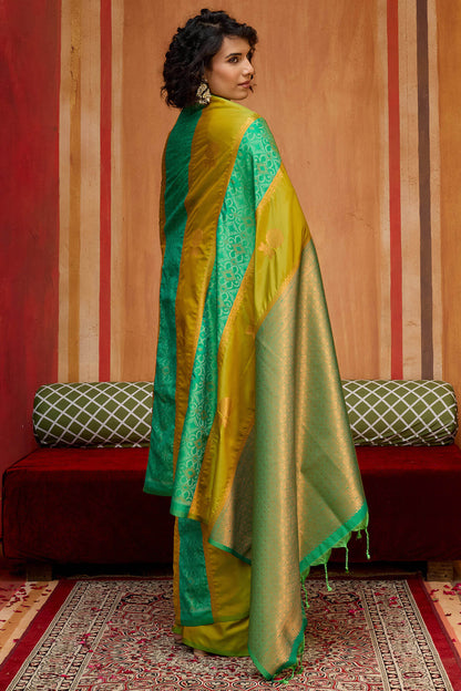 Moiety Mustard Pure Zari Weaving Banarasi Silk Saree With Scintillating Blouse Piece