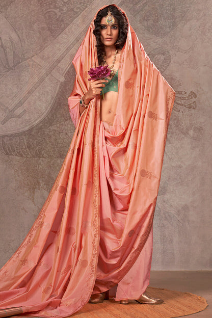 Breathtaking Peach Two Tone Soft Banarasi Silk Saree With Marvellous Blouse