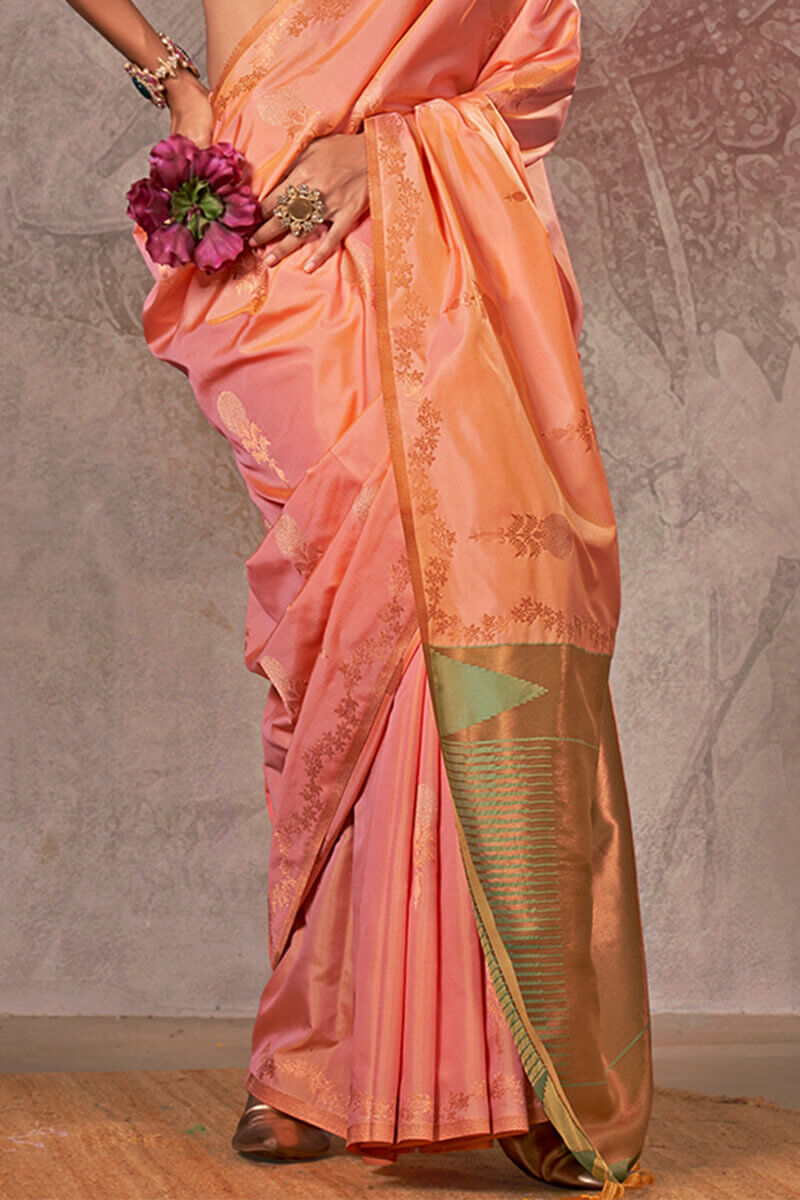Breathtaking Peach Two Tone Soft Banarasi Silk Saree With Marvellous Blouse