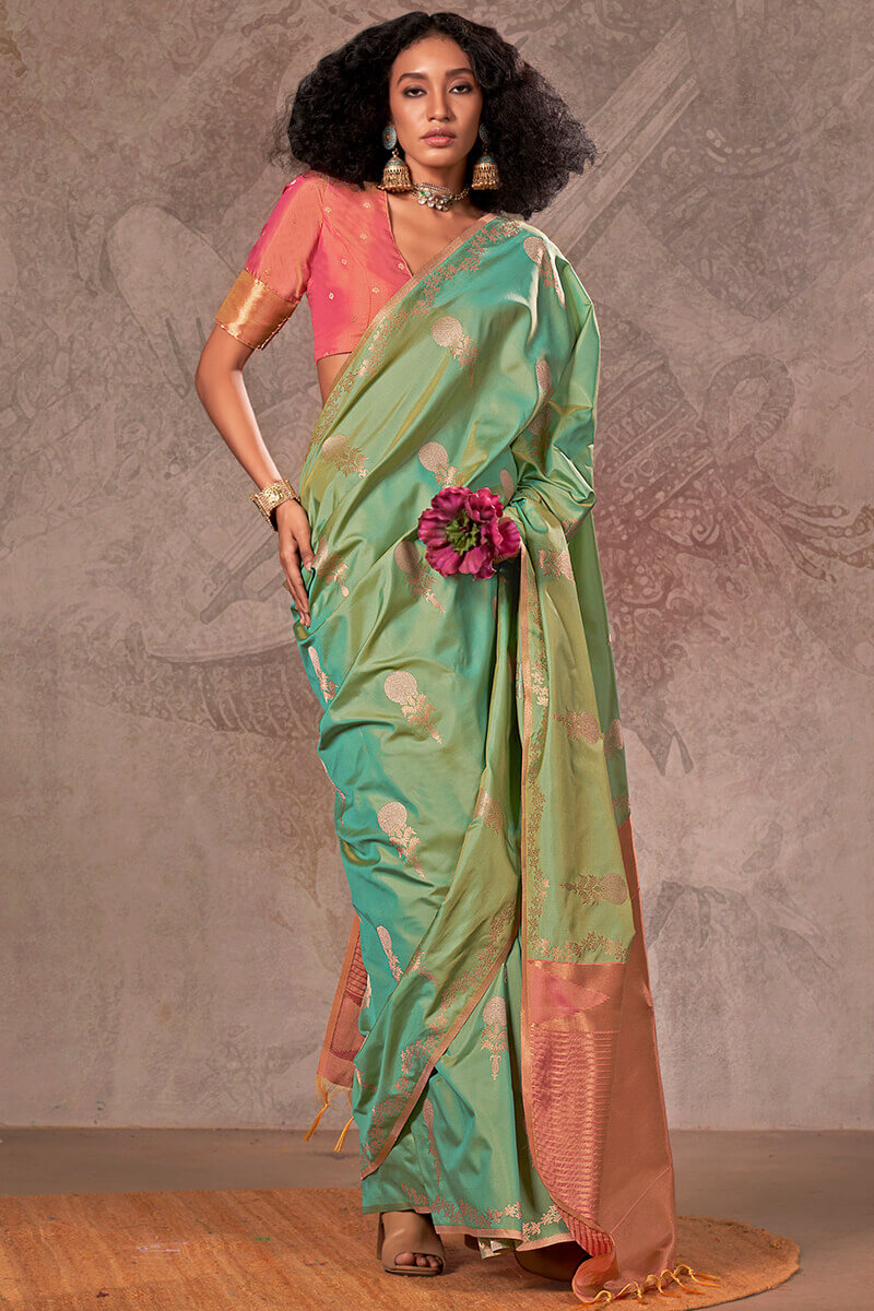 Prominent Pista Two Tone Soft Banarasi Silk Saree With Precious Blouse