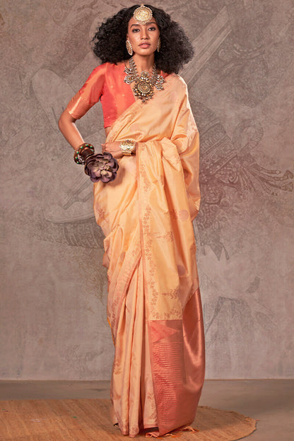 Resplendent Beige Two Tone Soft Banarasi Silk Saree With Desultory Blouse