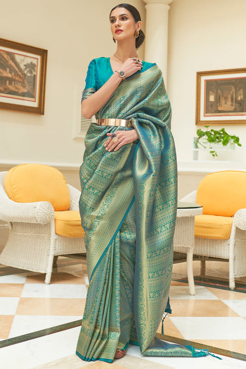 Load image into Gallery viewer, Sophisticated Rama Kanjivaram Silk Saree With Intricate Blouse Piece
