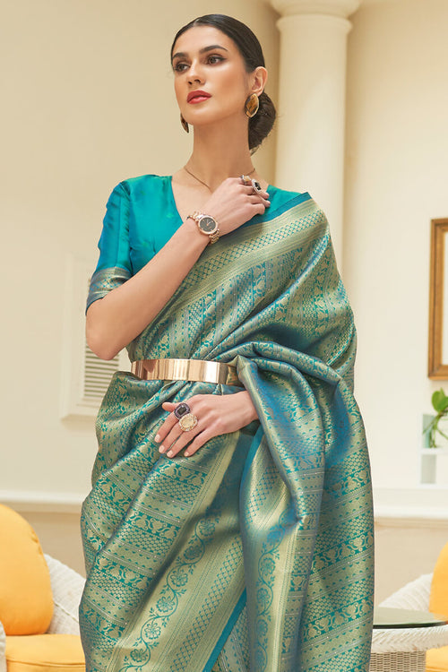 Sophisticated Rama Kanjivaram Silk Saree With Intricate Blouse Piece ...