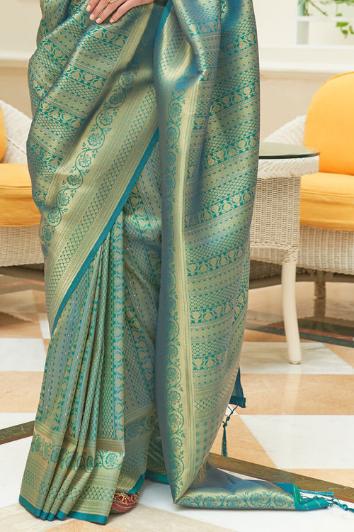 Load image into Gallery viewer, Sophisticated Rama Kanjivaram Silk Saree With Intricate Blouse Piece
