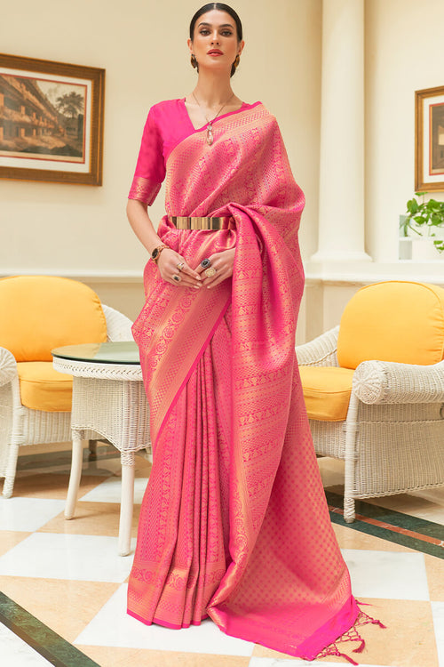 Load image into Gallery viewer, Gleaming Pink Kanjivaram Silk Saree With Hypnotic Blouse Piece
