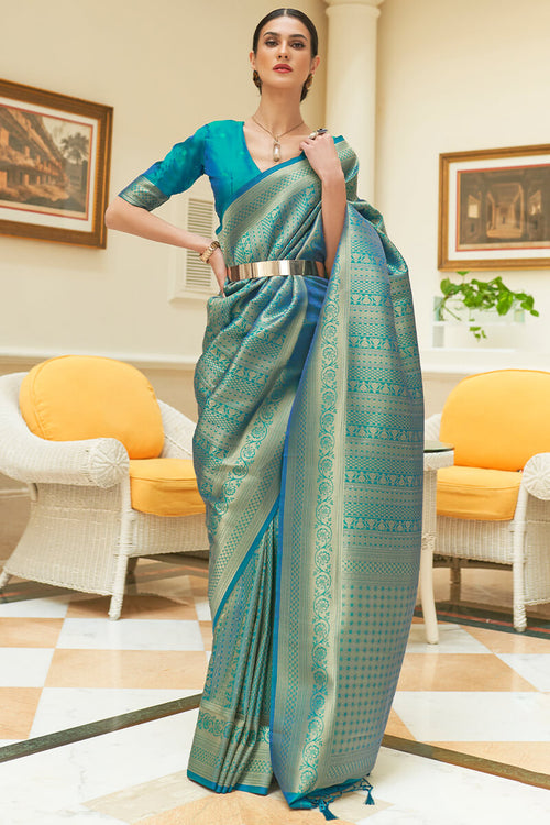 Load image into Gallery viewer, Energetic Firozi Kanjivaram Silk Saree With Opulent Blouse Piece
