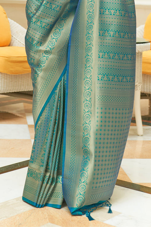 Load image into Gallery viewer, Energetic Firozi Kanjivaram Silk Saree With Opulent Blouse Piece
