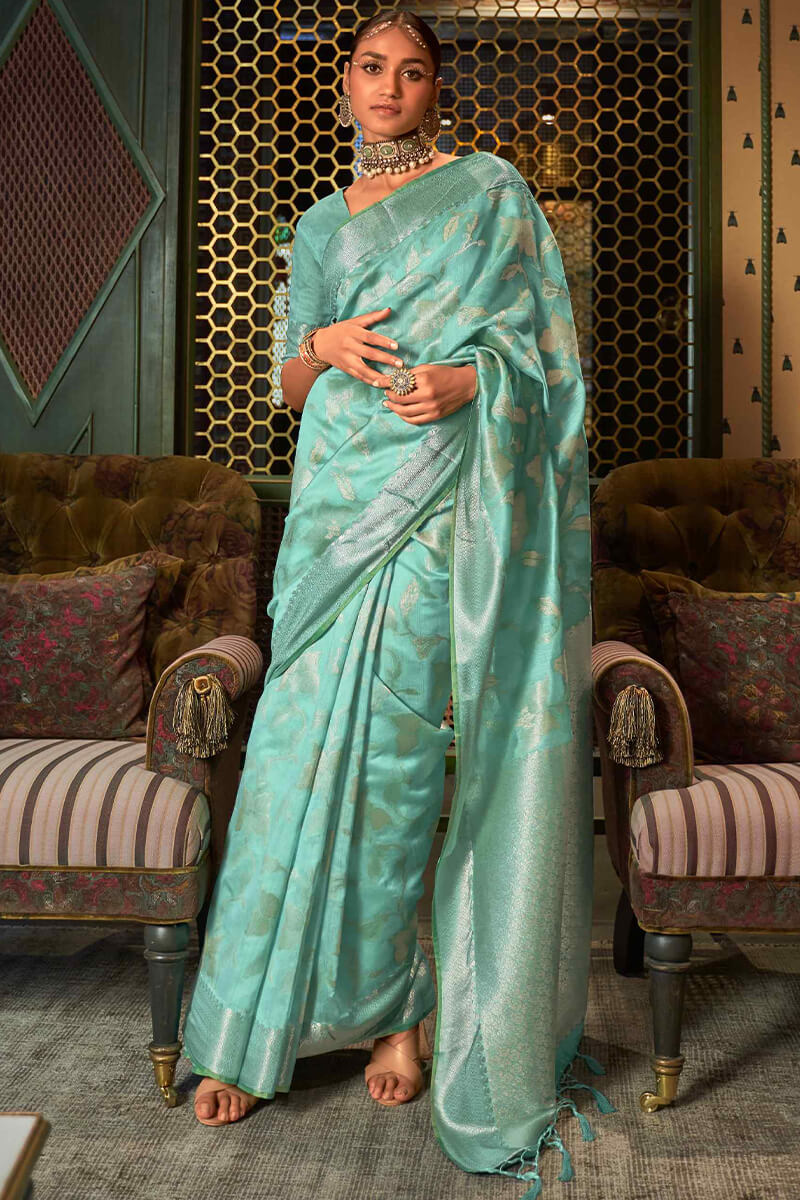 Profuse Sea Green Soft Banarasi Silk Saree With Elaborate Blouse Piece