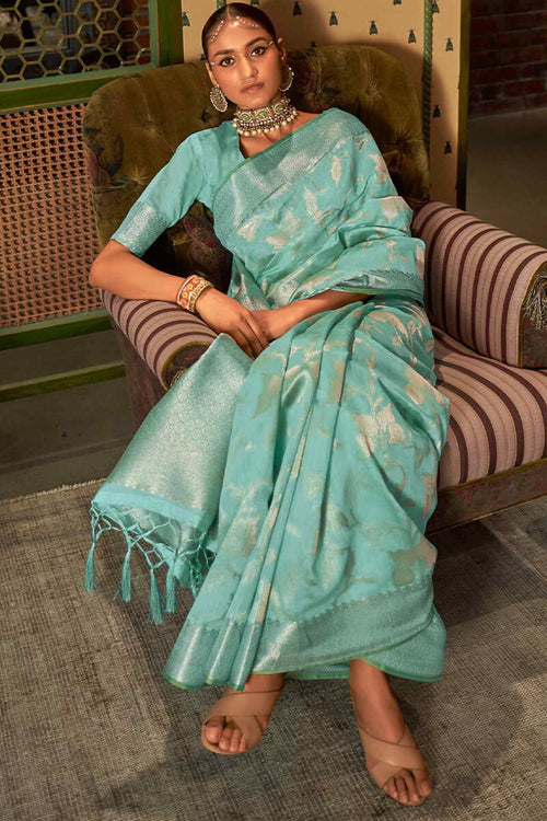 Load image into Gallery viewer, Profuse Sea Green Soft Banarasi Silk Saree With Elaborate Blouse Piece
