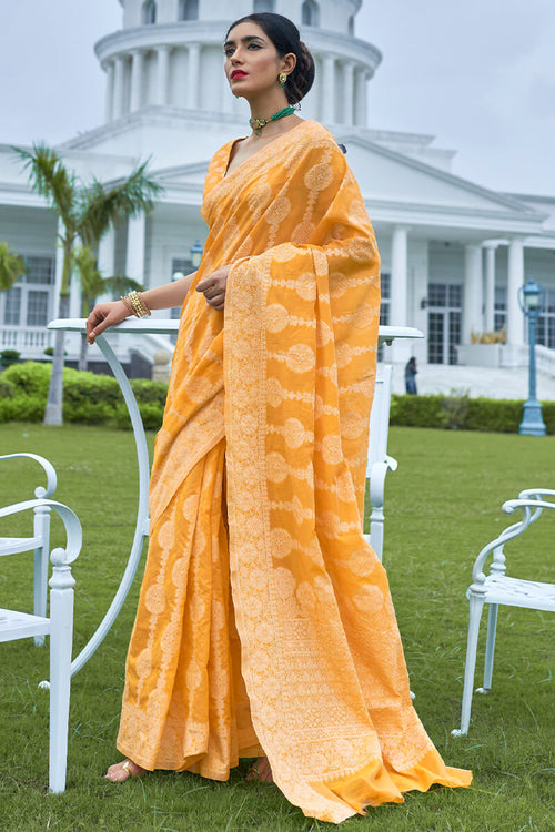 Load image into Gallery viewer, Classic Yellow Lucknowi Silk Saree With Admirable Blouse Piece
