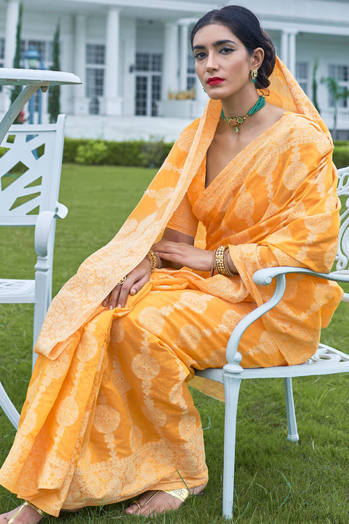 Load image into Gallery viewer, Classic Yellow Lucknowi Silk Saree With Admirable Blouse Piece
