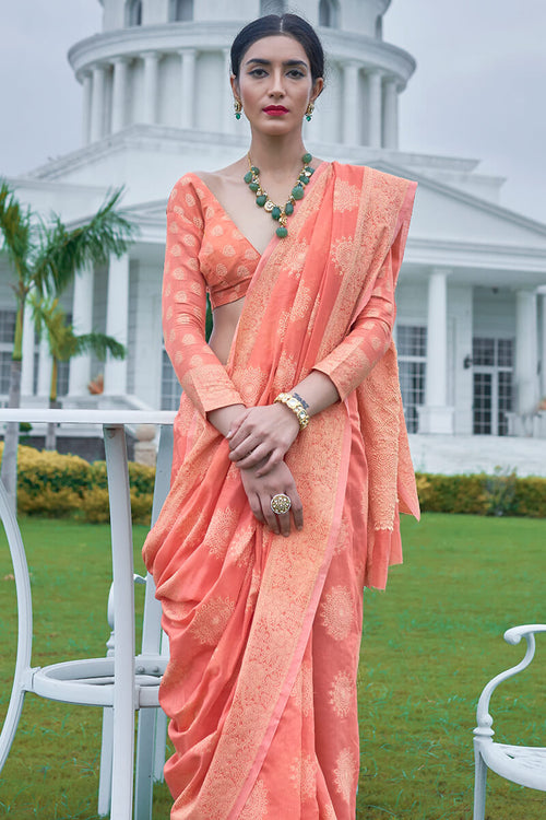 Load image into Gallery viewer, Admirable Peach Lucknowi Silk Saree With Inspiring Blouse Piece
