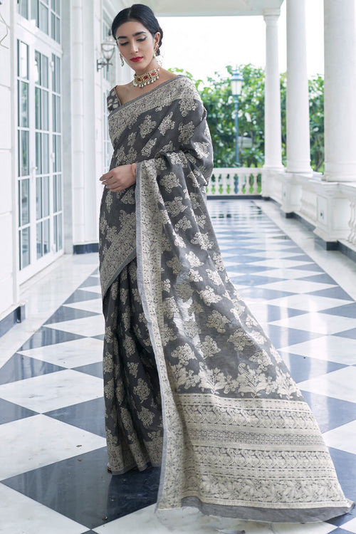 Load image into Gallery viewer, Excellent Grey Lucknowi Silk Saree With Epiphany Blouse Piece
