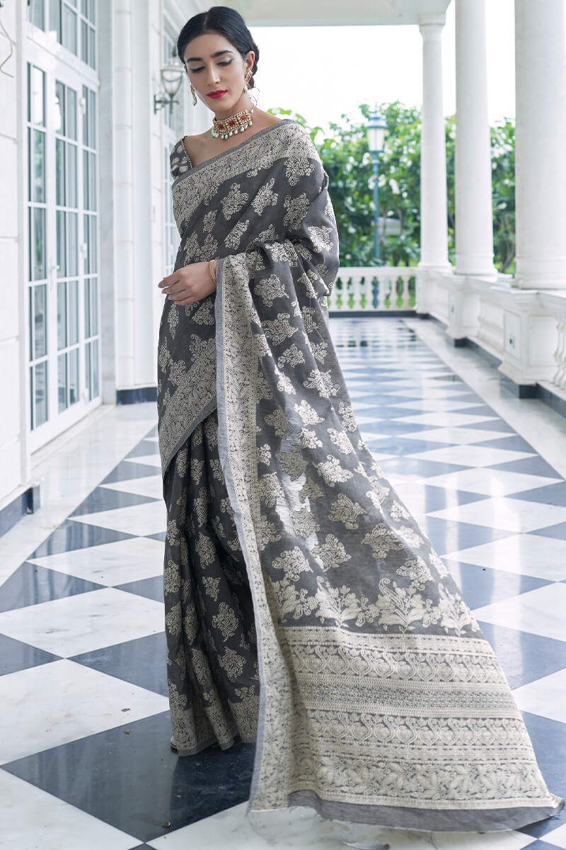 Excellent Grey Lucknowi Silk Saree With Epiphany Blouse Piece