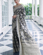 Excellent Grey Lucknowi Silk Saree With Epiphany Blouse Piece
