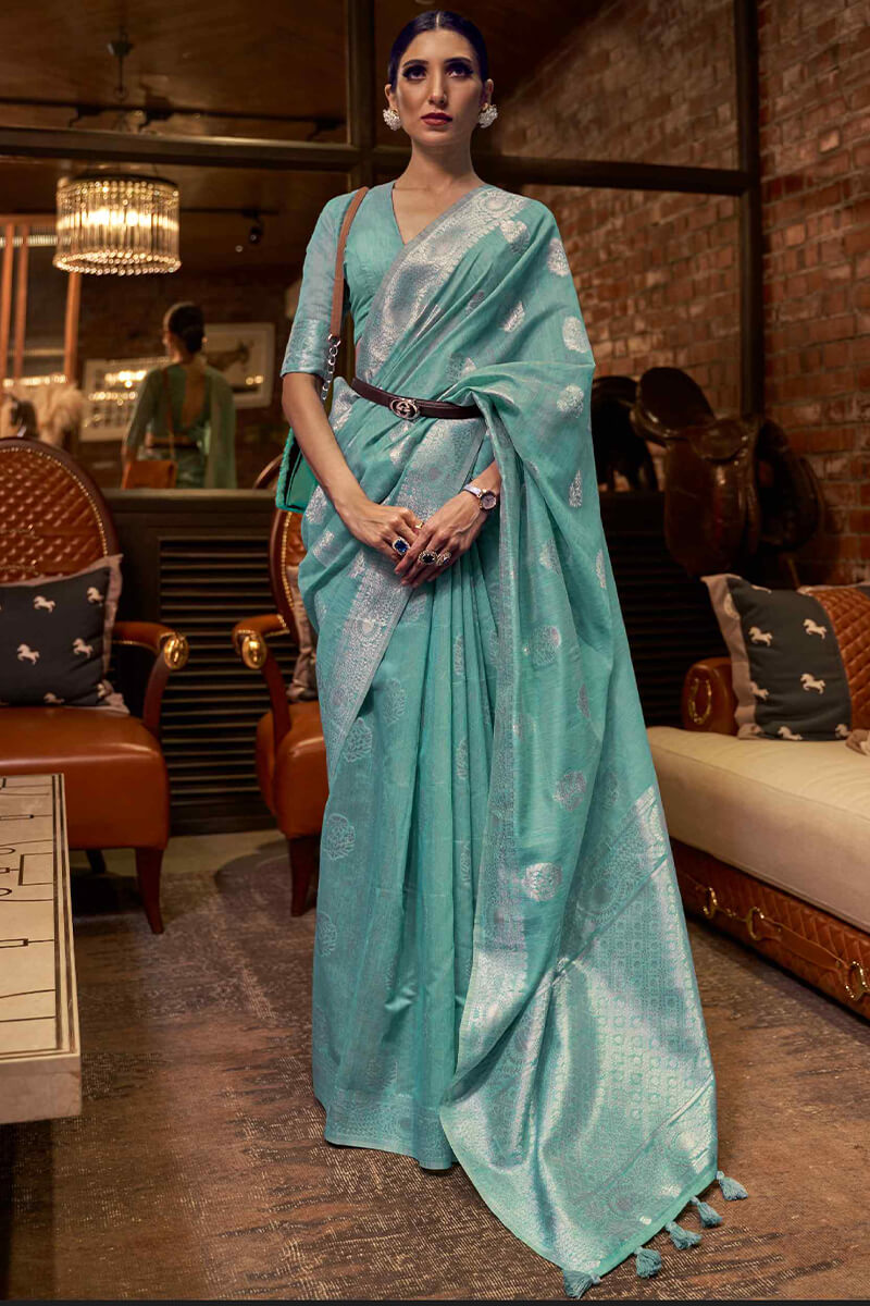 Demanding Sea Green Cotton Silk Saree With Impressive Blouse Piece