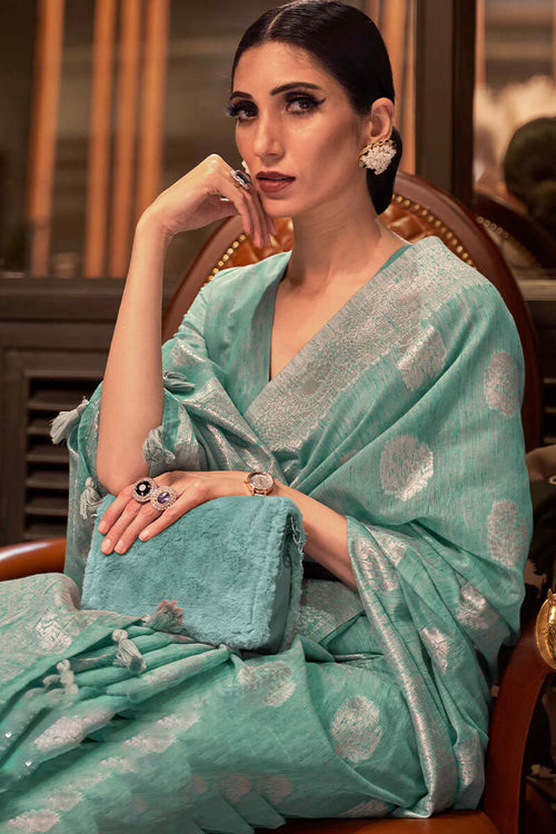 Load image into Gallery viewer, Demanding Sea Green Cotton Silk Saree With Impressive Blouse Piece
