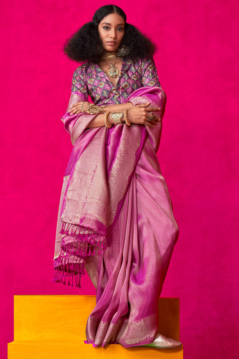 Trendy Magenta Soft Banarasi Tissue Silk Saree With Pleasant Blouse Piece