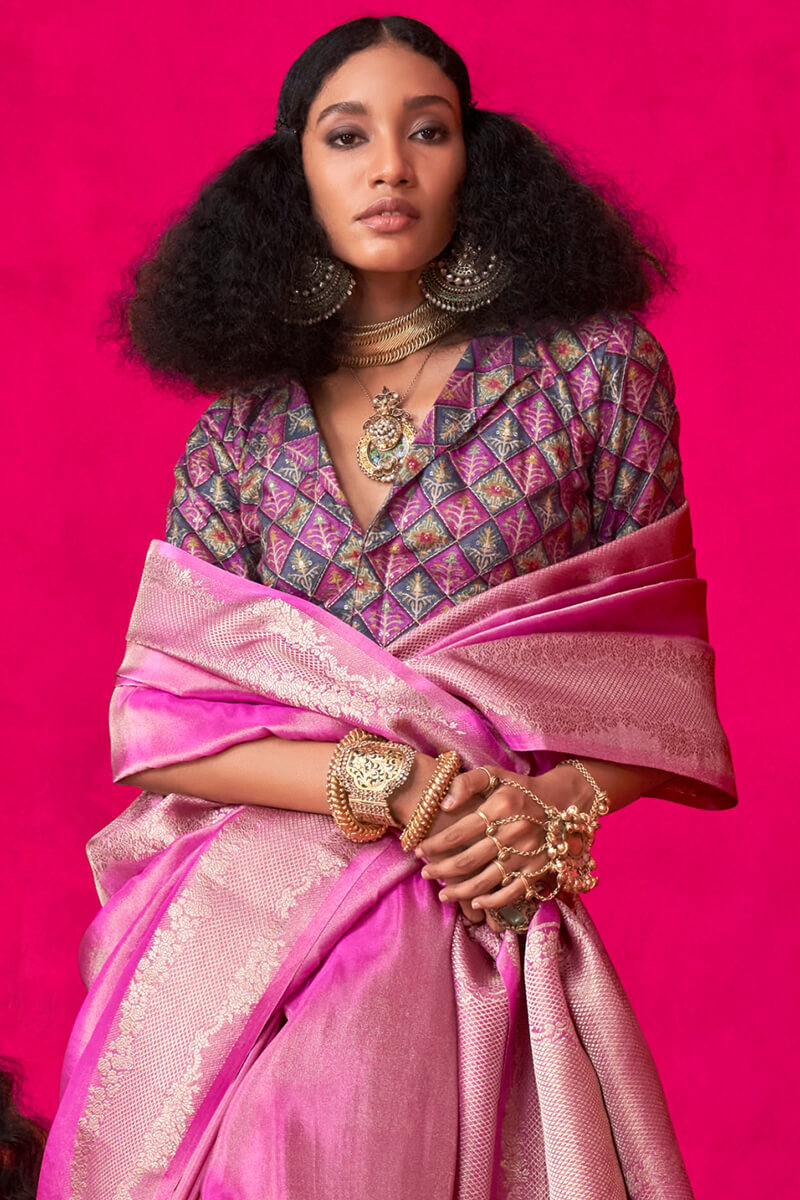 Trendy Magenta Soft Banarasi Tissue Silk Saree With Pleasant Blouse Piece