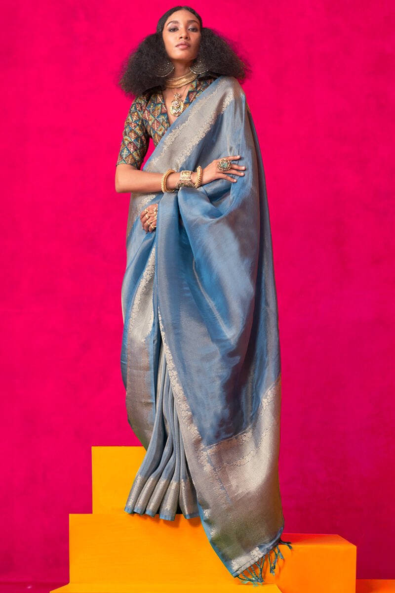 Ravishing Blue Soft Banarasi Tissue Silk Saree With Seraphic  Blouse Piece