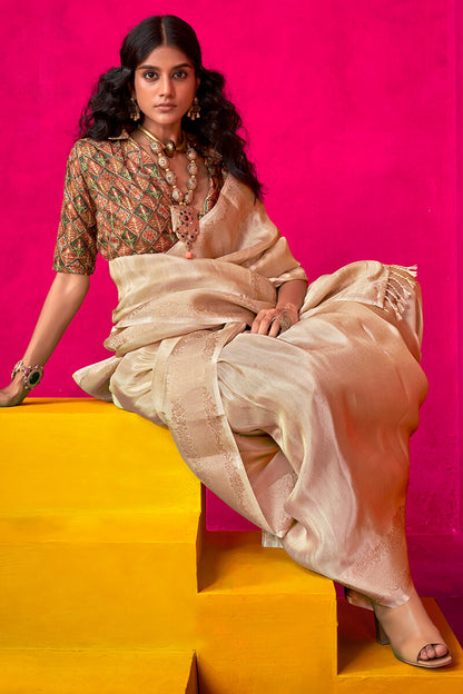 Vivacious Beige Soft Banarasi Tissue Silk Saree With Bewitching Blouse Piece