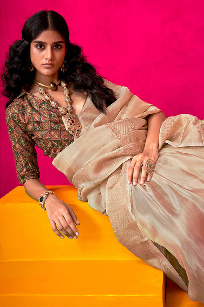 Vivacious Beige Soft Banarasi Tissue Silk Saree With Bewitching Blouse Piece