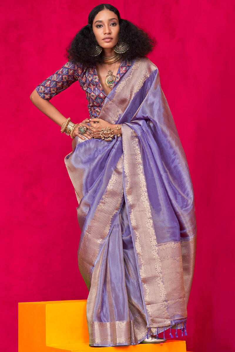 Ravishing Lavender Soft Banarasi Tissue Silk Saree With Lassitude Blouse Piece