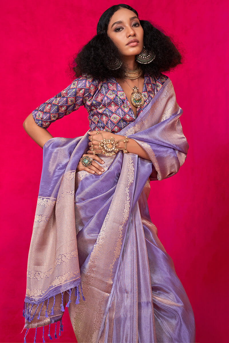 Ravishing Lavender Soft Banarasi Tissue Silk Saree With Lassitude Blouse Piece