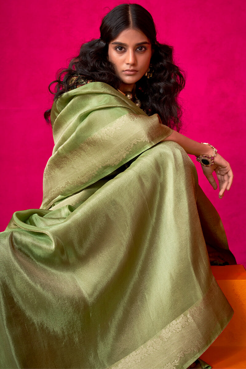 Resonant Green Soft Banarasi Tissue Silk Saree With Beauteous Blouse Piece