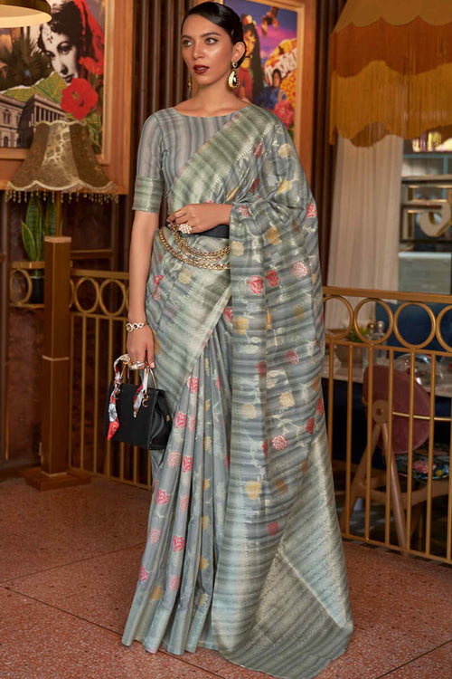 Load image into Gallery viewer, Pleasant Grey Cotton Silk Saree With Hypnotic Blouse Piece
