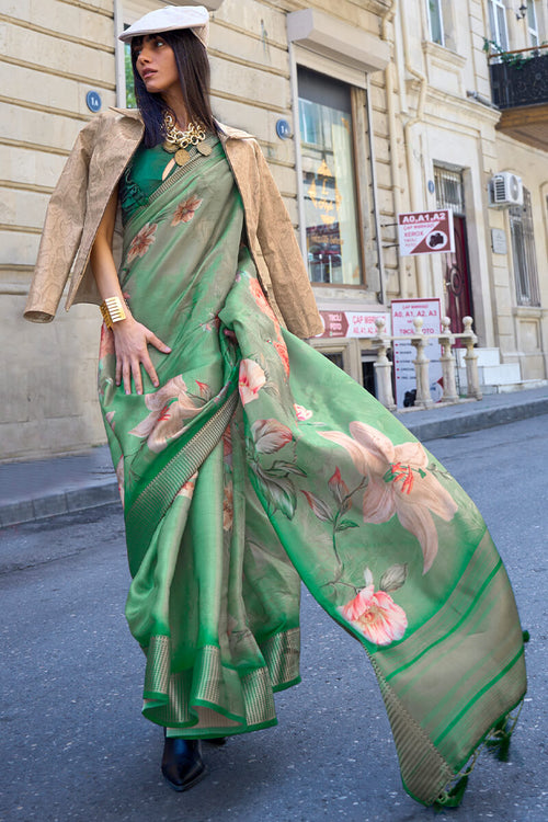 Load image into Gallery viewer, Petrichor Green Organza Silk Saree With Sumptuous Blouse Piece
