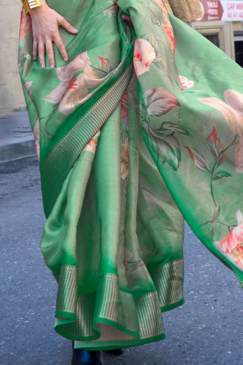 Load image into Gallery viewer, Petrichor Green Organza Silk Saree With Sumptuous Blouse Piece
