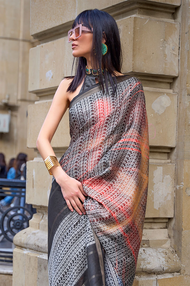 Magnetic Grey Digital Printed Soft Silk Saree With Ratatouille Blouse Piece